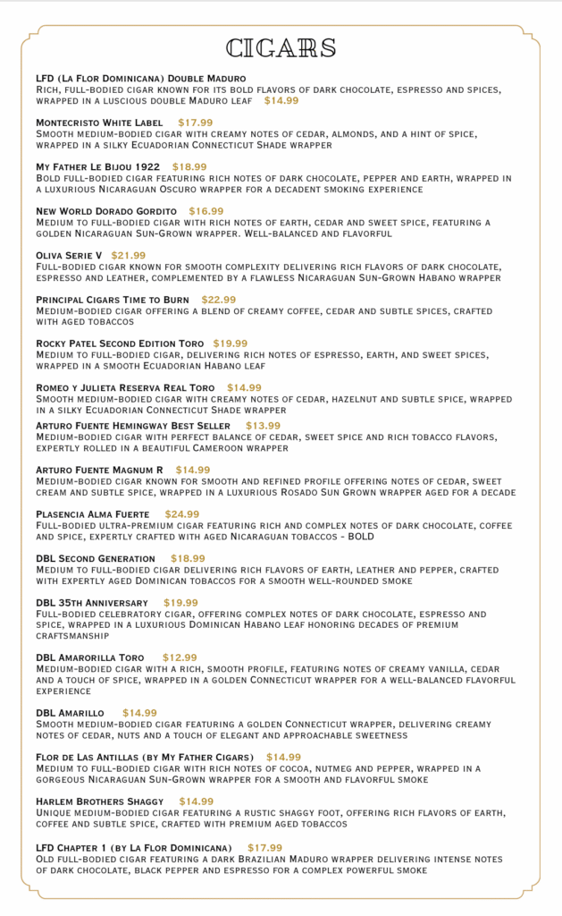 Mailroom Speakeasy Bainbridge GA Cigar Menu 042025